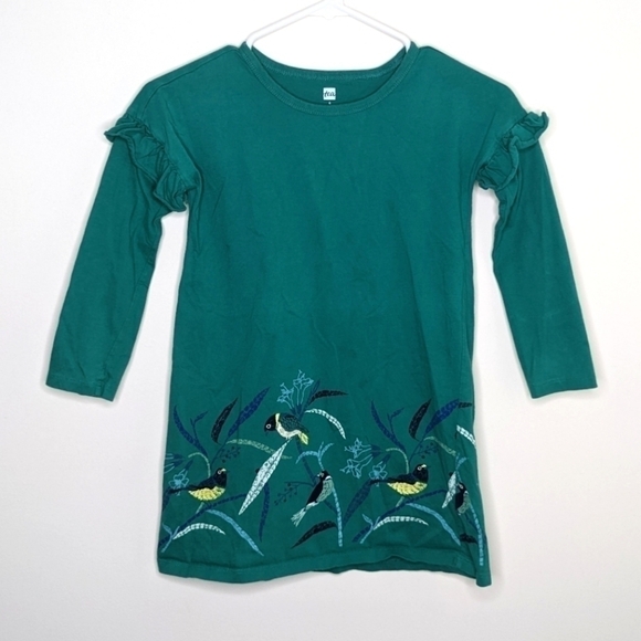 Tea Collection Bird Green Long Sleeve Ruffle Dress 6 - Picture 1 of 4